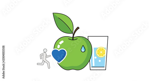 green apple with running figure and lemonade glass