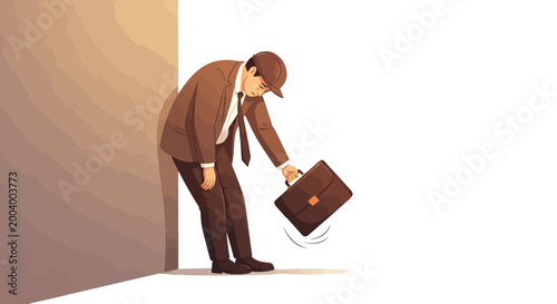 In a conceptual illustration, a tired businessman wearing a suit and hat stands slumped against a wall with his briefcase drooping low, portraying failure under the weight of life pressure