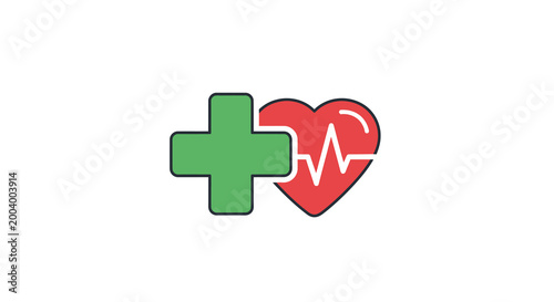 medical cross and heart icon with heartbeat line