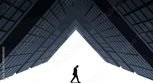 A businessman walks with his head down, silhouetted against bright light framed by towering architecture in a low-angle shot depicting feelings of failure and life pressure, with dark tones