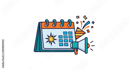 calendar with megaphone and confetti vector illustration