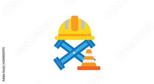 construction tools icon with hard hat and cone