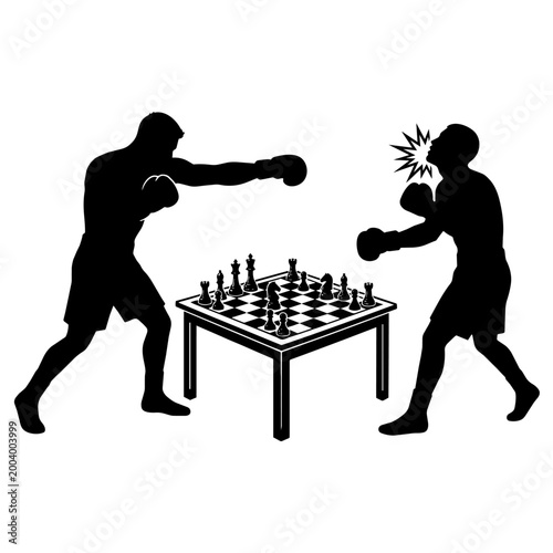 Silhouette of chess boxing match with two players fighting over a chessboard