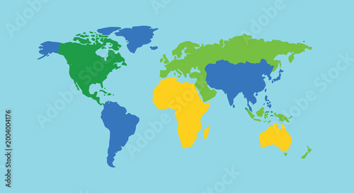 world map with colorful continents on light blue background