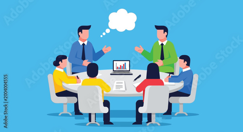 team meeting around table with laptop and charts