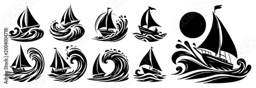 Sailboat and sea waves silhouette set, nautical yacht icons for ocean adventure and maritime graphic design