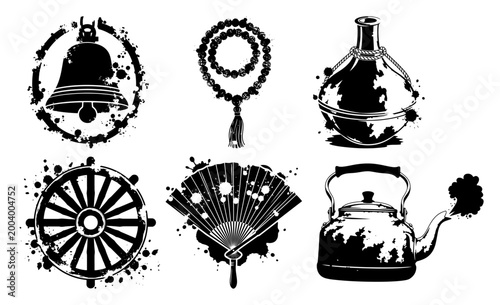 Vintage grunge objects set with bell, prayer beads, teapot and wheel, distressed ink splat icons