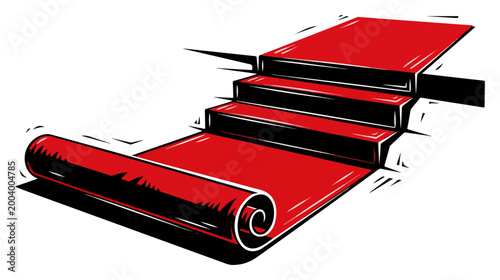 Red carpet unrolling on stairs for celebrity event, award ceremony and luxury VIP entrance