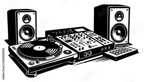 DJ equipment set silhouette with turntable mixer and speakers, professional audio studio setup