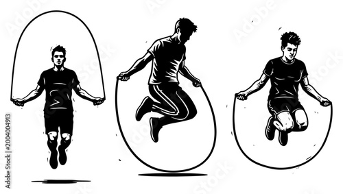 Man jumping rope silhouette set, fitness skipping exercise poses for workout and training design
