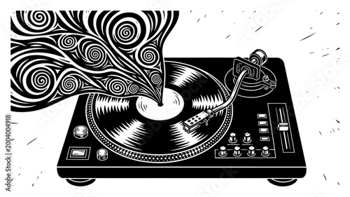 Vinyl turntable record player silhouette with swirling music waves, retro DJ audio equipment art
