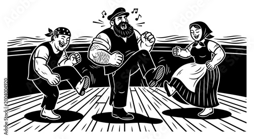 Sailors dancing on ship deck silhouette, traditional maritime folk dance celebration with pirates