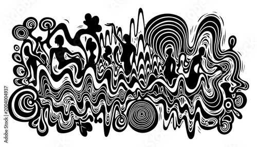Abstract psychedelic pattern with human silhouettes, surreal trippy wavy lines and organic shapes