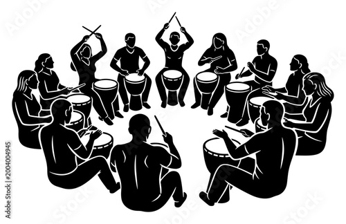 Drum circle silhouette with people playing djembe drums together, ethnic percussion group celebration