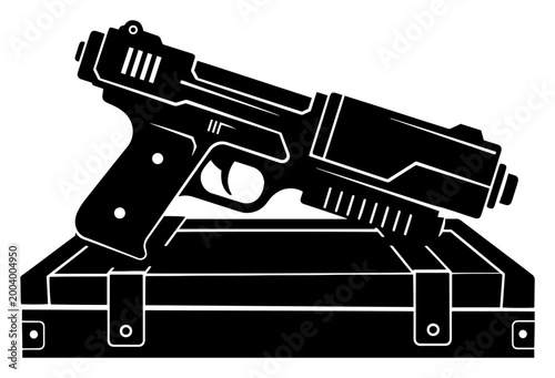 Handgun on briefcase silhouette, pistol and tactical case for security and crime concept illustration