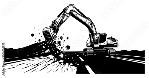 Excavator digging road construction site silhouette, heavy machinery earthmoving equipment at work