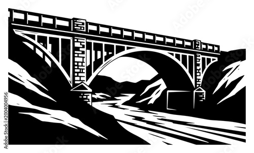 Arch bridge silhouette over river landscape, vintage concrete bridge architecture and infrastructure