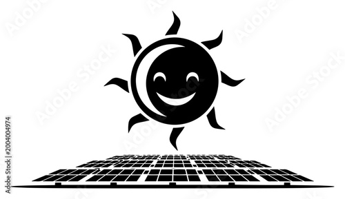 Solar panels and happy smiling sun silhouette, renewable green energy and ecology concept