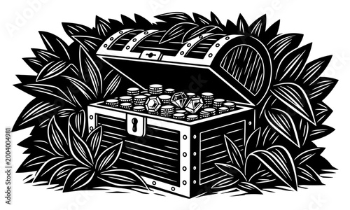 Open treasure chest with gold coins and gems in jungle, pirate hidden wealth discovery