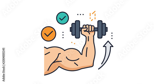 muscular arm lifting dumbbell with checkmarks and arrow