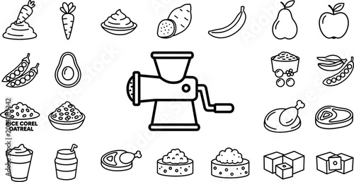 Meat grinder with various food including fruits, vegetables, and grains food fruits kitchen appliances