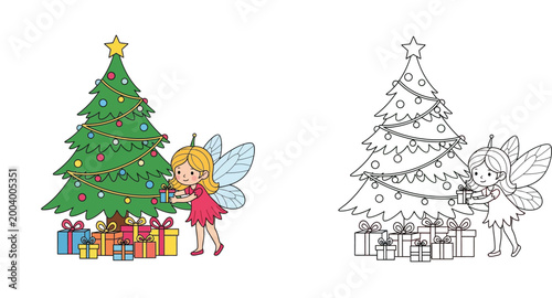 Cute Fairy Placing Gifts Under Christmas Tree Coloring Page Vector