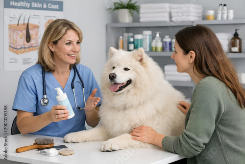 Veterinarian examining elderly dog during senior pet wellness check in modern veterinary clinic, healthcare for aging pets concept, realistic medical scene