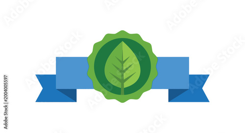 eco badge with green leaf and blue ribbon