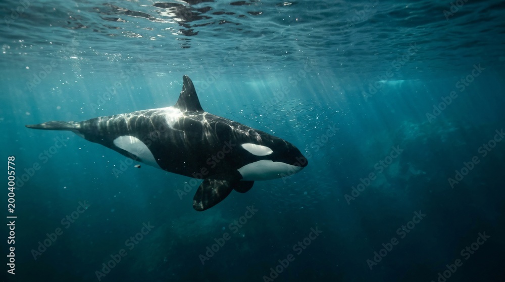 Obraz premium Majestic orca whale gracefully swimming through sunlit ocean waters surrounded by a school of small fish