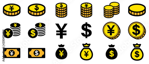 投資・通貨のイエローカラーアイコンセット（コイン・紙幣・円ドルマークの金融シンボル／高コントラストデザイン素材）