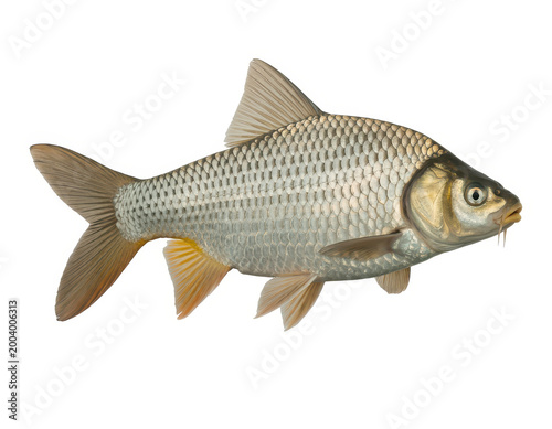 Single silver carp fish with shiny scales and fins isolated on a white background, for fishing