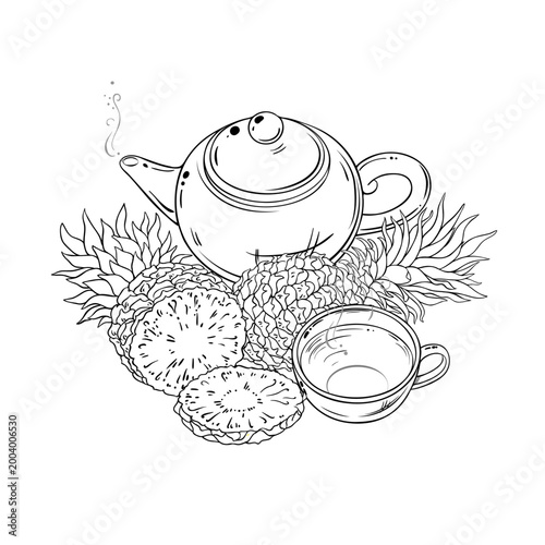 Pineapple Tea in Teapot aroma beverage Outline Illustration. Vector isolated for Design and Decoration for Cafeteria, Posters, Banners, Cards.