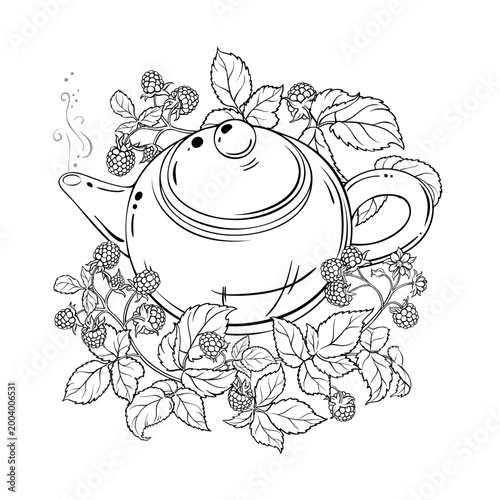 Raspberry Tea in Teapot aroma beverage Outline Illustration. Vector isolated for Design and Decoration for Cafeteria, Posters, Banners, Cards.