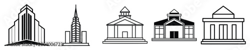 Set of graphic building icons representing diverse architecture modern and classic styles vector set.