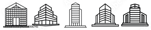 Collection of line art building icons for architectural design projects and city planning illustrations.