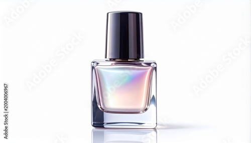 Close-up studio shot of a square glass bottle of iridescent nail polish with a black cap on a clean white background.