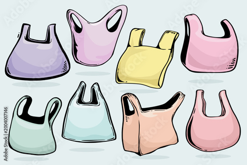 Pastel Doodle Shopping Bags Set. A playful set of pastel-colored doodle shopping bags illustrated in a cute hand-drawn style. Ideal for commercial design needs such as branding, marketing materials, p