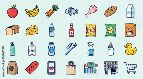 Grocery shopping and supermarket products vector icon set