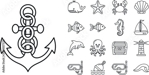 Nautical set, including anchor, sea creatures, and beach symbols fish dolphin octopus