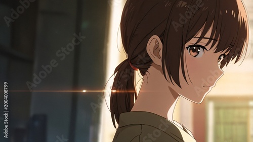 Cinematic side portrait of a beautiful anime girl with brown hair in a ponytail. Emotional atmospheric manga art style with golden hour lighting and copy space.