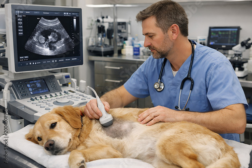 Veterinarian performing ultrasound examination on calm dog in modern animal hospital, advanced veterinary technology, realistic clinic environment, professional healthcare concept, ultra realistic, hi