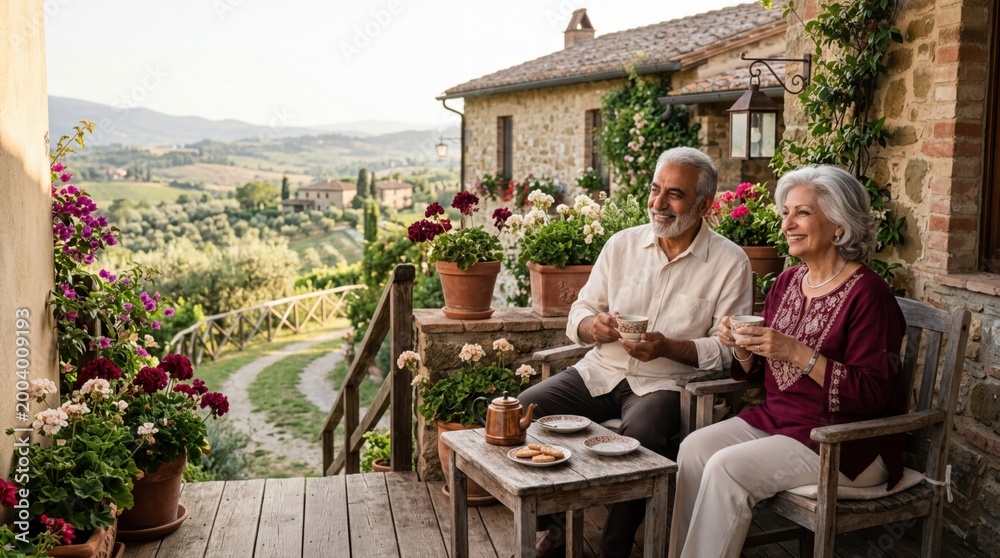 Obraz premium Elderly couple enjoying coffee on a rustic terrace with a scenic Tuscan landscape view