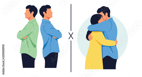 Illustration showing a couple with their backs turned in conflict and then reconciliating with a warm embrace and a kiss.
