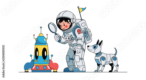 Young astronaut in a space suit exploring a new planet with a magnifying glass while accompanied by a robot dog and a space lander.