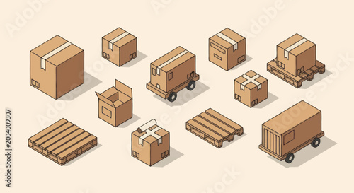 Collection of cardboard boxes and pallets isometric view.