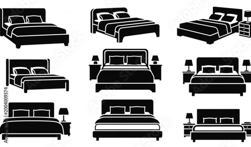 Bild auf Leinwand Minimal double bed furniture silhouette icons for bedroom interior vector illust