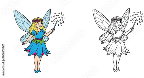 Beautiful Fairy with Magic Wand Coloring Page Vector Illustration