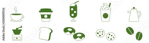Simple green cafe drink and dessert icon set, hand drawn style natural minimal food collection