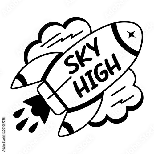 A glyph sticker of a rocket with sky high typography 
