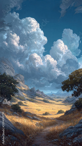 Fantasy landscape painting of golden grassland valley with dramatic jagged rocky mountains, massive fluffy cumulus clouds in blue sky, warm afternoon light, oil painting style, impressionist brushstro